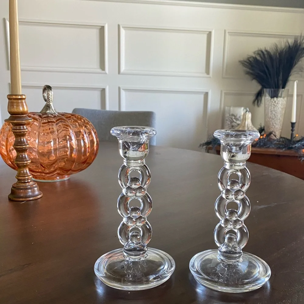 Vintage Glass Taper Candle Holders - Set of 2 - Twisted Glass Candlesticks